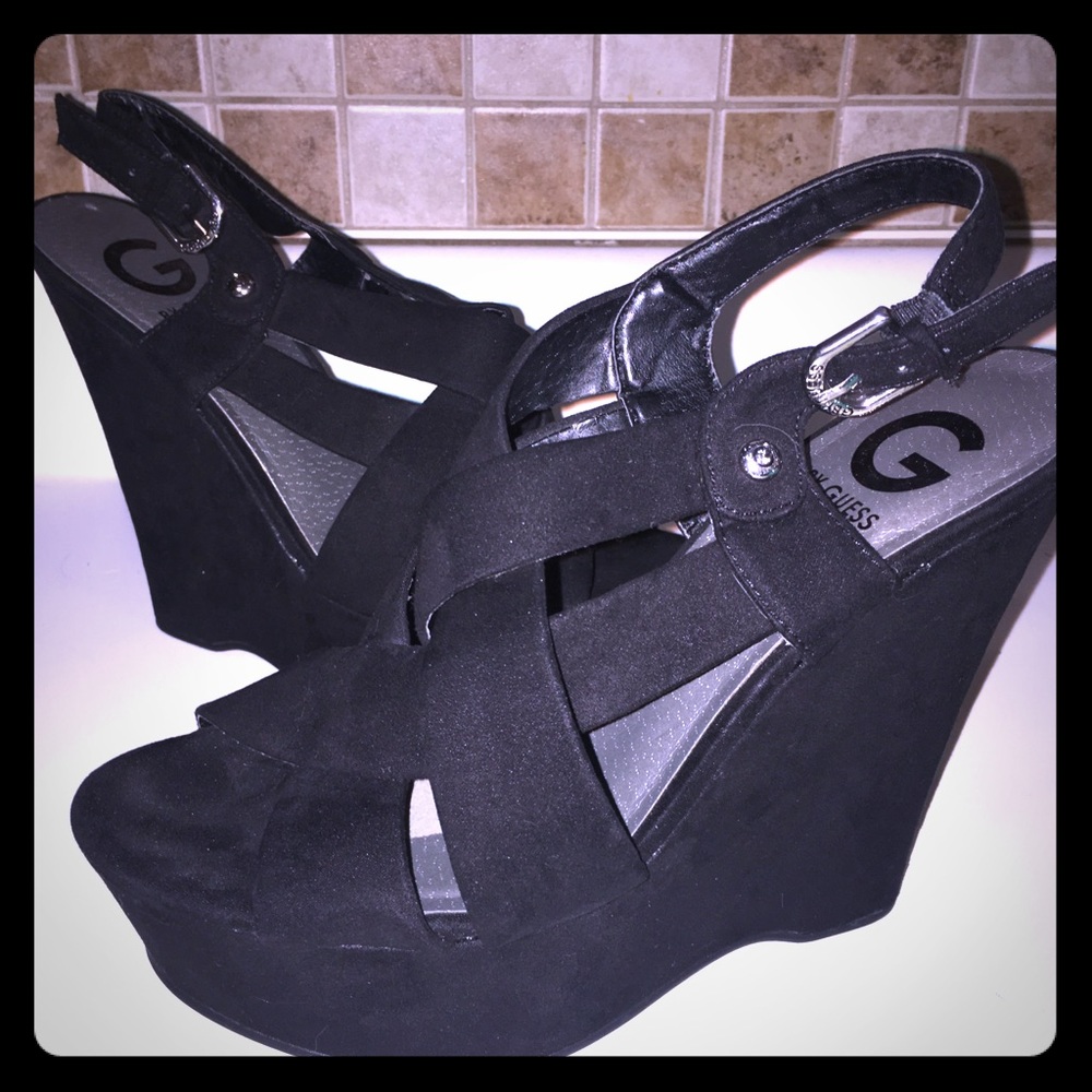 G by Guess black suede platform wedges